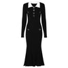 Women Mermaid Knit Sweater Dress — Long Sleeve Lapel Collar Slim Fit Mid-Calf Autumn/Winter