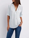 Women's Loose V-Neck Chiffon Blouse with Zipper Pullover — Casual Plus Size