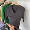 Women's Short Sleeve V-Neck Slim Fit Knit Sweater - Korean-Inspired Pullover Top