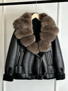 Women's Faux Leather Shearling Coat with Large Fox Fur Collar - Warm PU Moto Biker Jacket