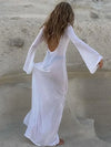White Backless Sheer Maxi Dress for Women - High Waist Slim Spliced Long Sleeve Beach Dress