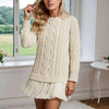 Women’s Winter Cable Knit Chiffon-Splice Round Neck Mini Dress – Casual Slim Fit