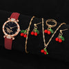 6-Piece Red Women’s Watch & Cherry Jewelry Gift Set – Minimalist Quartz Watch with Leather Strap