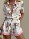 Women's Summer Printed Lapel Jumpsuit – Casual Loose Short Romper with Three-Quarter Sleeves