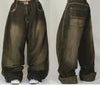 Women's Street Vintage Harajuku Wash Blue Baggy Multi-Pocket Wide-Leg Denim Jeans High Waist