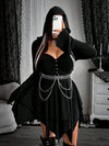 Dark Gothic Heart V-Neck Plus Size Mini Dress, Long Sleeve Irregular Hem, Retro Party