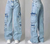 Women's Street Vintage Harajuku Wash Blue Baggy Multi-Pocket Wide-Leg Denim Jeans High Waist
