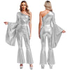 Women's 70s Disco Metallic Jumpsuit – Retro Hippie Bell-Bottom with Tiered Flare Sleeves, Back-Zip Party Costume