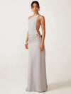 Mozision One-Shoulder Backless Maxi Dress with Metal Buckle, Diagonal Collar Sleeveless Draped A-Line Gown