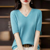 Women's V-Neck Short Sleeve Knit Top - Slim Casual Korean Pullover for Spring/Summer (Poly Cotton)