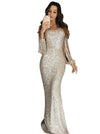 Women's Long Sleeve Tassel Sequin Floor-Length Evening Gown - Slim Sheath Dinner Dress