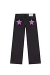 Harajuku Y2K White Wide-Leg Jeans for Women Five-Point Star Embroidery Gothic Mid-Waist Casual Trousers