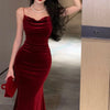 Vintage Red Velvet Spaghetti Strap Midi Dress with Side Slit – Bandage Bodycon Party Prom