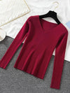 Women V-Neck Knitted Pullover Sweater — Slim Fit Long Sleeve One Size Autumn/Winter