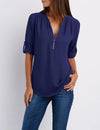 Women's Summer Loose Chiffon Blouse Deep V-Neck Zipper Pullover Casual Plus Size