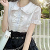 Deeptown Women's Kawaii Lolita Lace Blouse White Ruffle Puff Sleeve Preppy Top