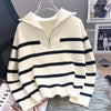 Women's Striped Zipper Knit Pullover Sweater — Heavyweight Loose Fit, Turn-Down Collar