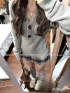 Y2K Gray V-Neck Knitted Sweater for Women — Slim Fit Long-Sleeve Pullover, Vintage Style