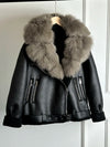 Women's Faux Leather Shearling Coat with Large Fox Fur Collar - Warm PU Moto Biker Jacket