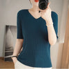 Women's V-Neck Short Sleeve Knit Top - Slim Casual Korean Pullover for Spring/Summer (Poly Cotton)