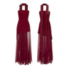 Combhasaki Strapless A-Line High-Slit Maxi Dress with Scarf, Ruffle Hem Backless Summer Party Dress