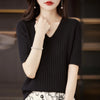 Women's V-Neck Short Sleeve Knit Top - Slim Casual Korean Pullover for Spring/Summer (Poly Cotton)