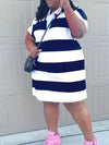 Plus Size Striped Lapel Short-Sleeve Knit Dress for Women