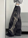 Oversized Black Washed Wide-Leg Jeans for Women - Loose High-Waist Streetwear with Letter Print