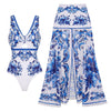 Women's Long Sleeve Majolica Print Bikini Set with High-Waist Skirt - Wire-Free Padded Beach Swimsuit
