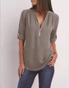 Women's Loose V-Neck Chiffon Blouse with Zipper Pullover — Casual Plus Size