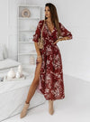 Women's V-Neck Retro Print Chiffon Knee-Length Dress Elastic Waist Side Slits 3/4 Sleeve A-Line
