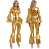 Women's 70s Disco Metallic Jumpsuit – Retro Hippie Bell-Bottom with Tiered Flare Sleeves, Back-Zip Party Costume