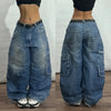 Women's Y2K Washed Multi-Pocket Baggy Wide-Leg Jeans – Low Waist Harajuku Streetwear