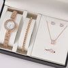 Women's Luxury Quartz Watch & 5-Piece Rhinestone Jewelry Set – Stainless Steel Strap, Bracelet, Necklace, Earrings & Ring