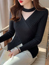 Women's Hollow Knit V-Neck Long Sleeve Slim Stretch Pullover — Lightweight Autumn/Winter Layering Top