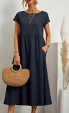 Women’s Vintage Cotton-Linen O-Neck Short Sleeve Maxi Dress – Casual Loose Pleated Summer Sundress