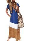 Women's Casual Color-Block V-Neck Ankle-Length Maxi Dress — Loose Short Sleeve A-Line Summer Dress