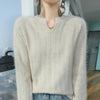 Women's Mink Cashmere V-Neck Sweater Padded Knit Lantern Sleeve Pullover – Autumn Winter
