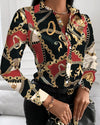 Women's Long Sleeve Turn-Down Collar Blouse - Square Print (Chain, Floral, Letter, Geometric)