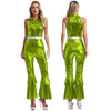 Women's 70s Disco Metallic Jumpsuit – Retro Hippie Bell-Bottom with Tiered Flare Sleeves, Back-Zip Party Costume