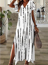 Women's Summer Boho V-Neck Printed Split Ankle-Length Dress Loose Resort Beach Evening