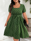Plus Size Square Neck Polka Dot Belted A-Line Dress with Puff Sleeves High-Waist Summer Dress