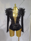 Shiny Black Rhinestone Velvet Long Sleeve Bodysuit for Women, Evening Party Club Stage