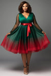 Plus Size Emerald Green Gradient V-Neck Sheer Tulle Wrap Mini Dress, Lantern Long Sleeves, Christmas Party