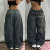 Geometric Embroidered Baggy Jeans for Women - Harajuku Vintage Wide-Leg Streetwear