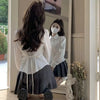 Preppy Women's White Button-Down Shirt - Slim Long Sleeve Tunic Blouse with Lace-Up & Puff Sleeves