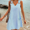 Blue and White Striped Plus Size Sleeveless V-Neck Pocket Summer Dress — Boho Knee-Length