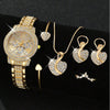 Women's Gold Quartz Watch & Rhinestone Jewelry Set - Ring, Necklace, Earrings