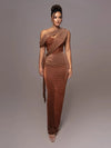 One-Shoulder Draped Glitter Corset Backless Bodycon Maxi Dress – Brown Evening Party Gown