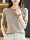 Women's Short-Sleeve Knit O-Neck Pullover - Wool-Cotton Blend Lightweight Summer Top